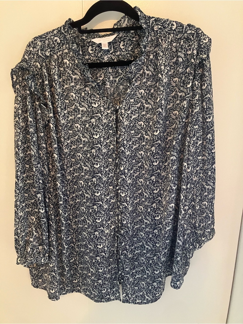 LC Lauren Conrad Navy and White Floral Print Long-Sleeve Blouse